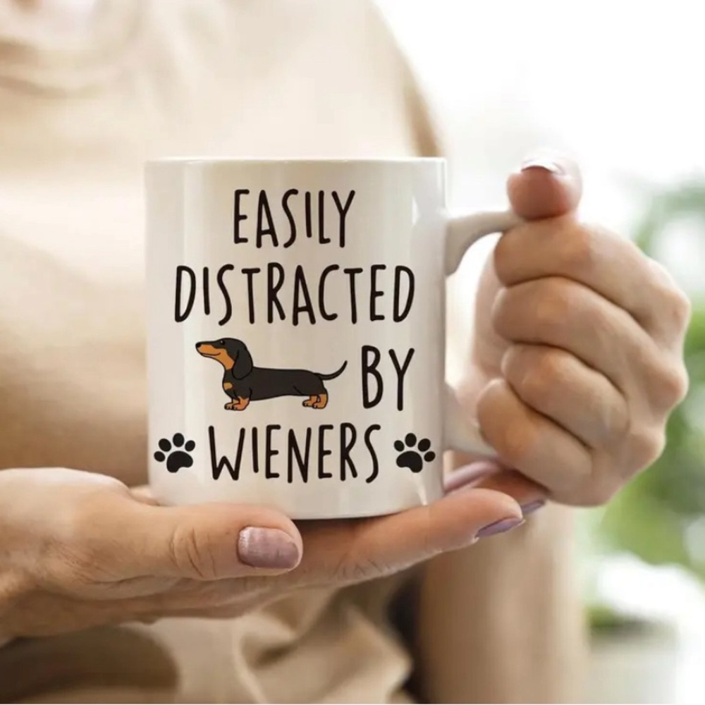 Dachshund Paw Print Ceramic Coffee Mug 11oz - "Easily Distracted by Wieners"